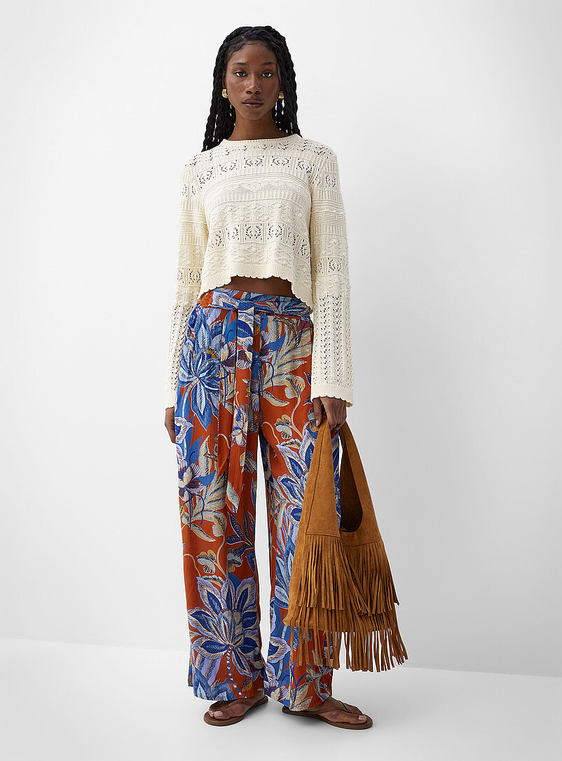 Ic&ocirc;ne Black and White Tie ribbons printed wide-leg pant for women