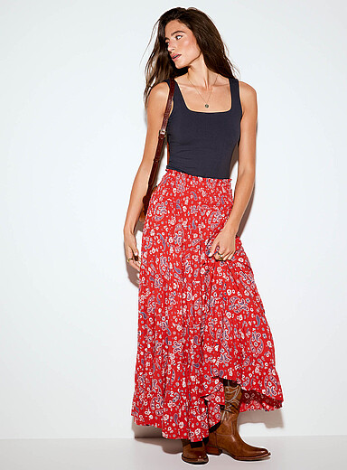 Paisley smocked-waist tiered maxi skirt