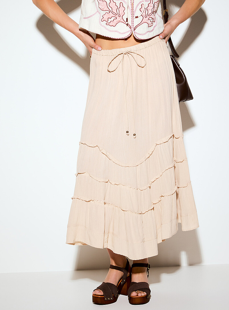 Sandy beige frill-band flared skirt | Icône | Women's Maxi Skirts