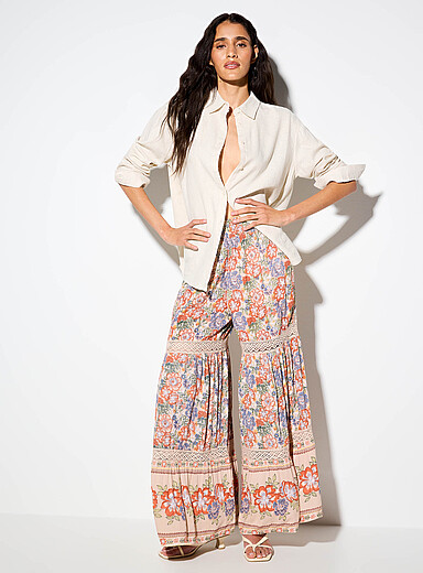Floral pattern crocheted inserts ultra-wide-leg pant