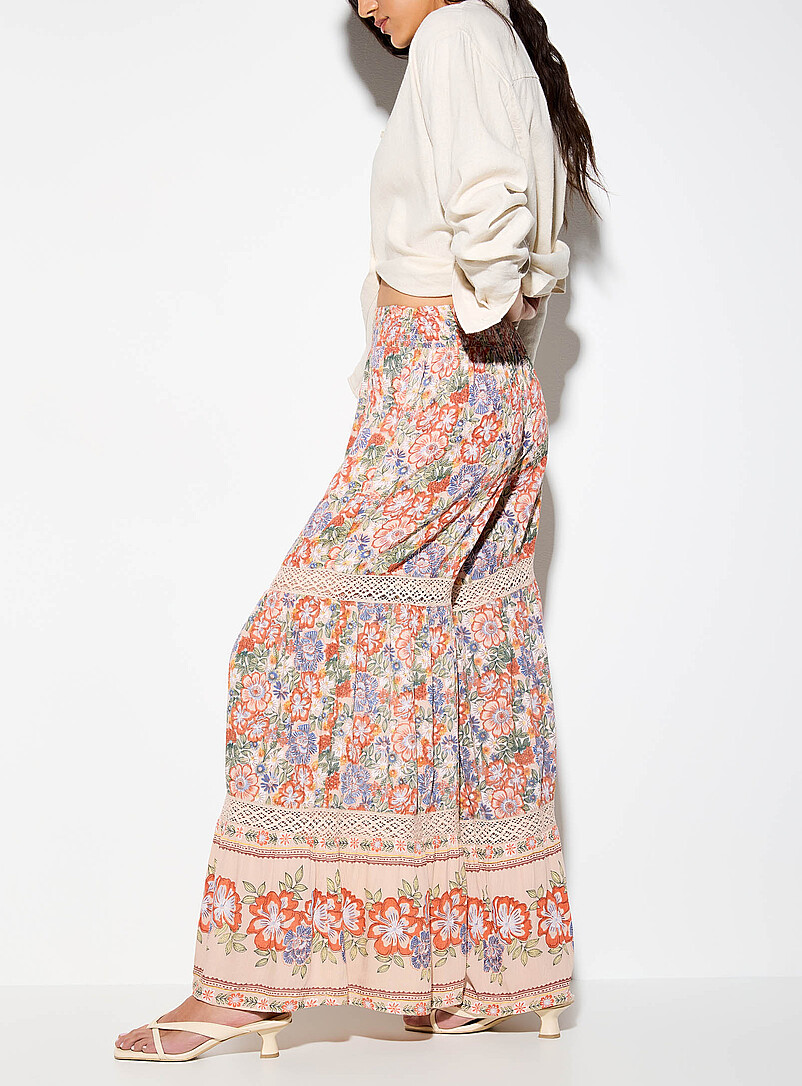 Ic&ocirc;ne Patterned Ecru Floral pattern crocheted inserts ultra-wide-leg pant for women