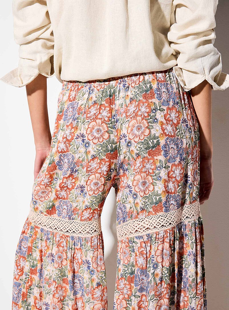 Ic&ocirc;ne Patterned Ecru Floral pattern crocheted inserts ultra-wide-leg pant for women