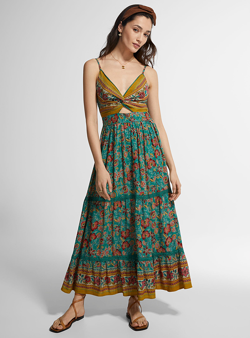 Icône Patterned Green Floral fantasy maxi dress for women