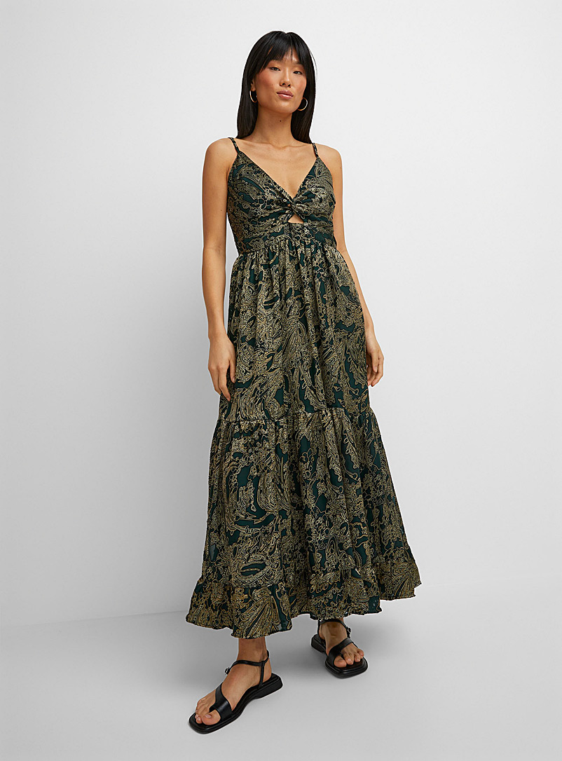 Icône Patterned Green Forest green paisley flared long dress for women
