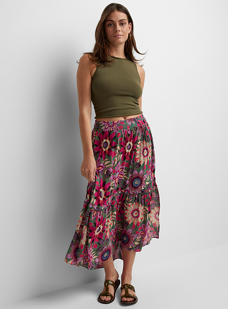 Icône Patterned Green Colourful garden tiered skirt for women