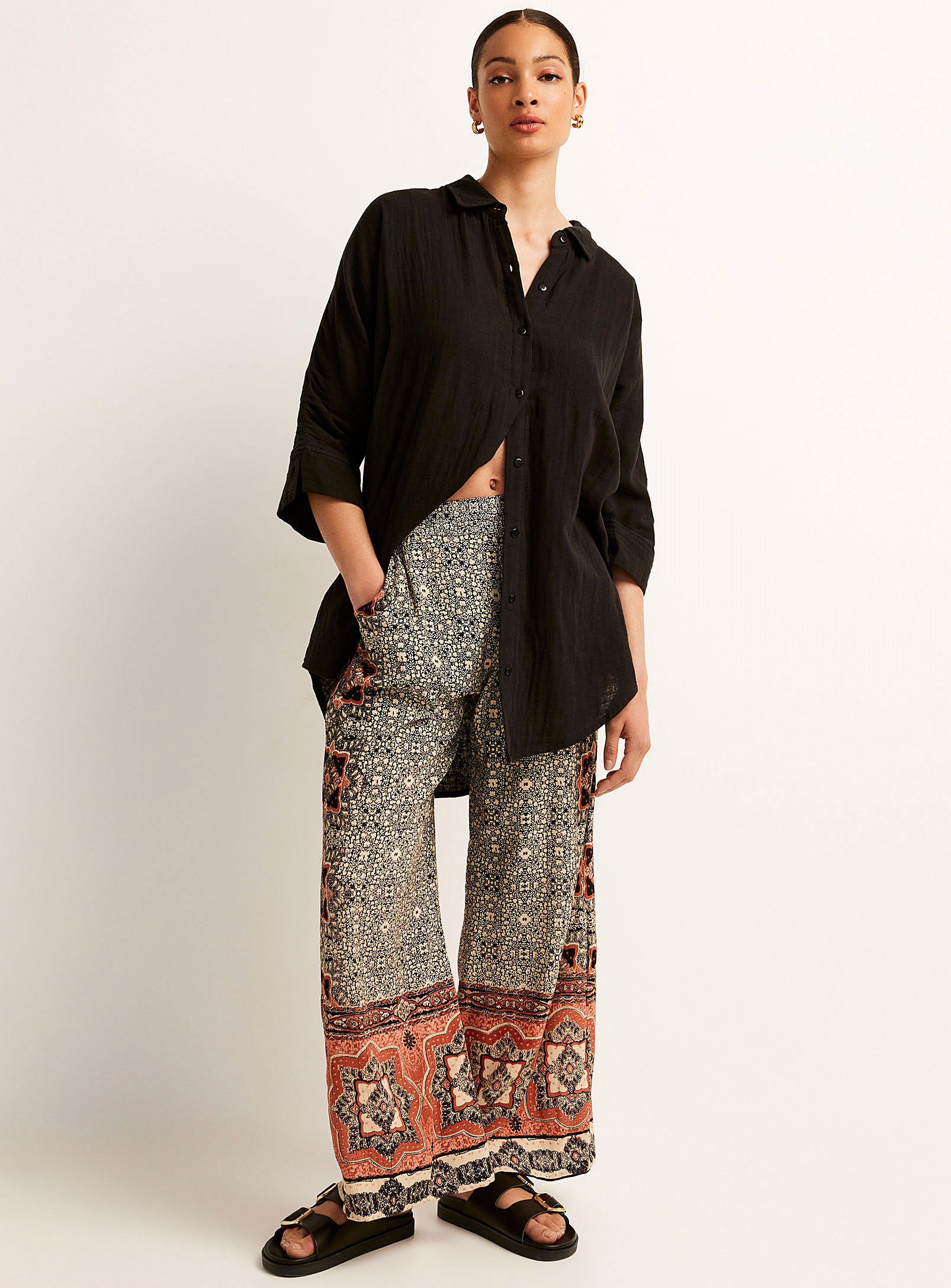 Icone Elastic Waistband Printed Palazzo Pant In Patterned Ecru