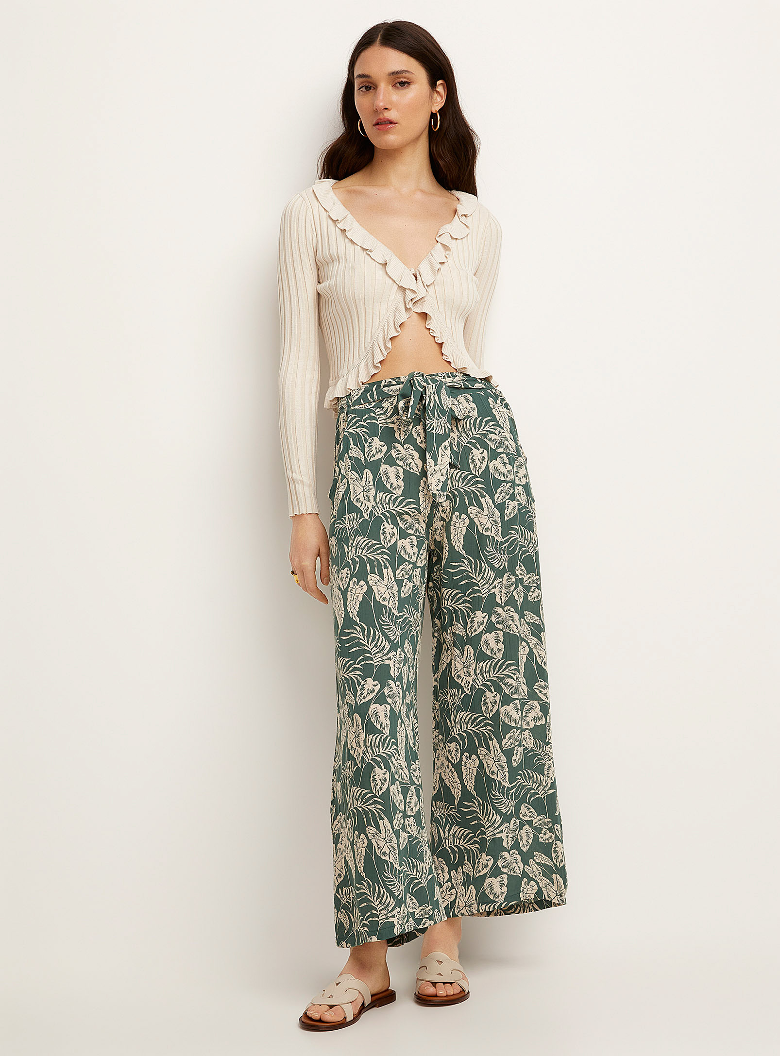 Icone Tie-belt Printed Palazzo Pant In Patterned Green