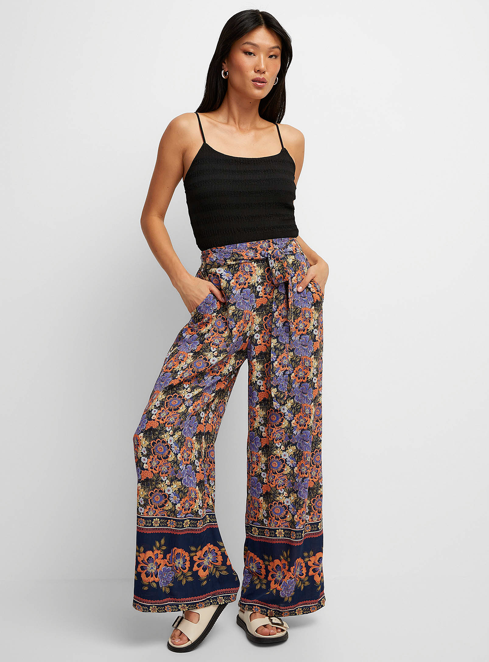 Icone Tie-belt Printed Palazzo Pant In Navy/midnight Blue