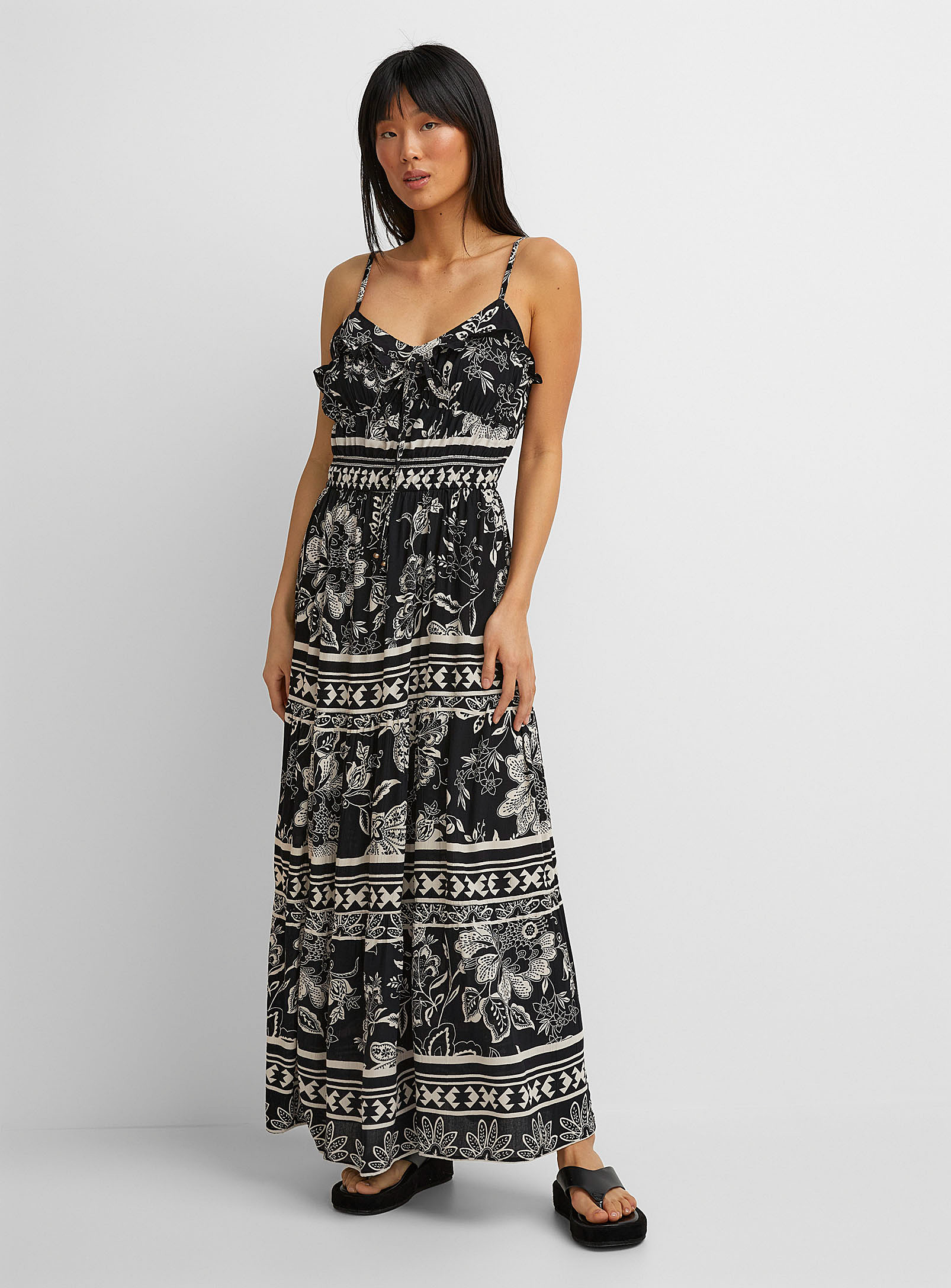 Icone Black And White Garden Flared Long Dress