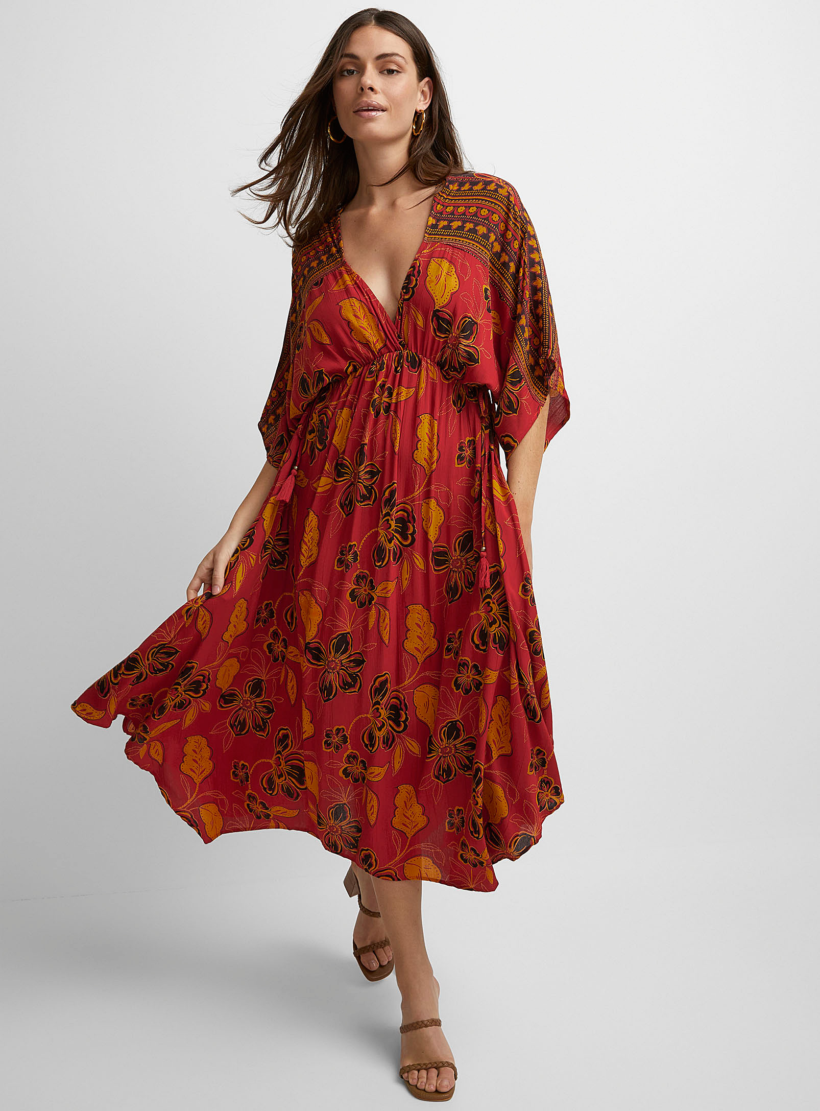 Icone Gathered Waist Plunging V-neck Long Dress In Patterned Red