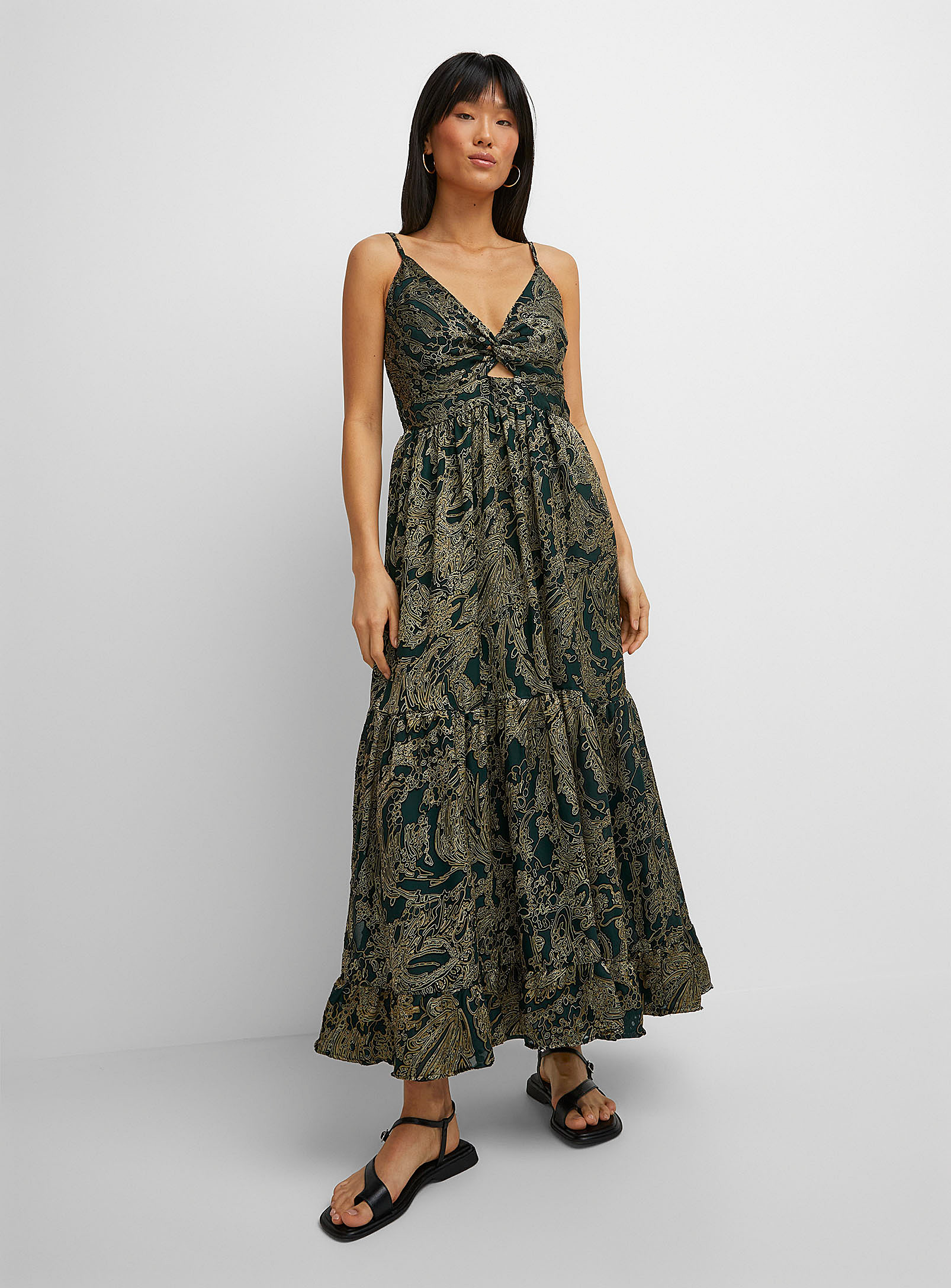 Icone Forest Green Paisley Flared Long Dress In Patterned Green
