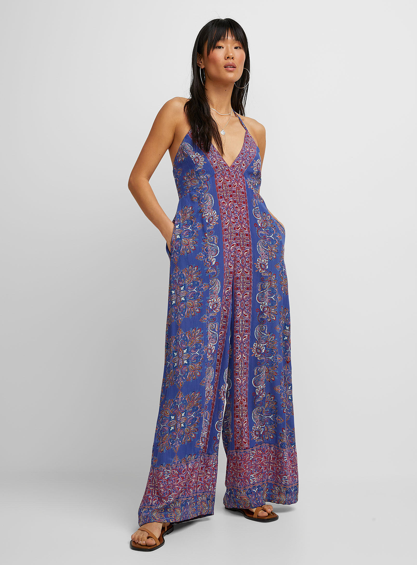 Icone Floral Pattern Halter Flowy Jumpsuit In Patterned Blue