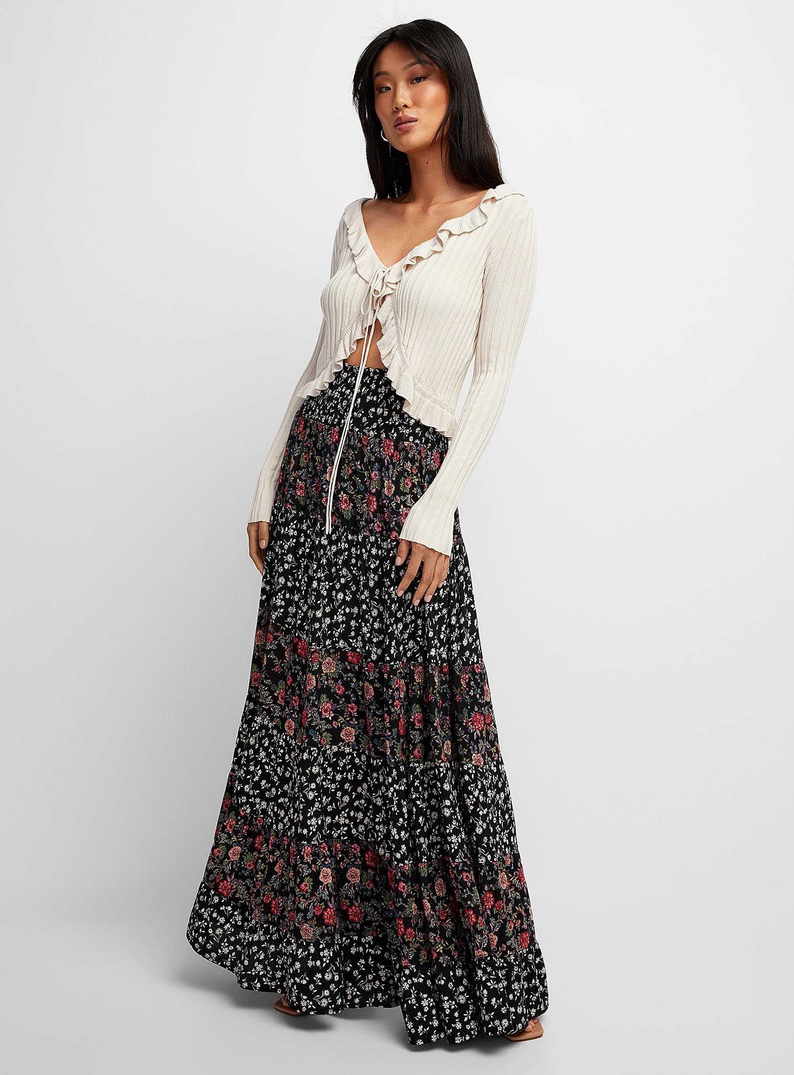 Icone Floral Patchwork Maxi Tiered Skirt In Patterned Black