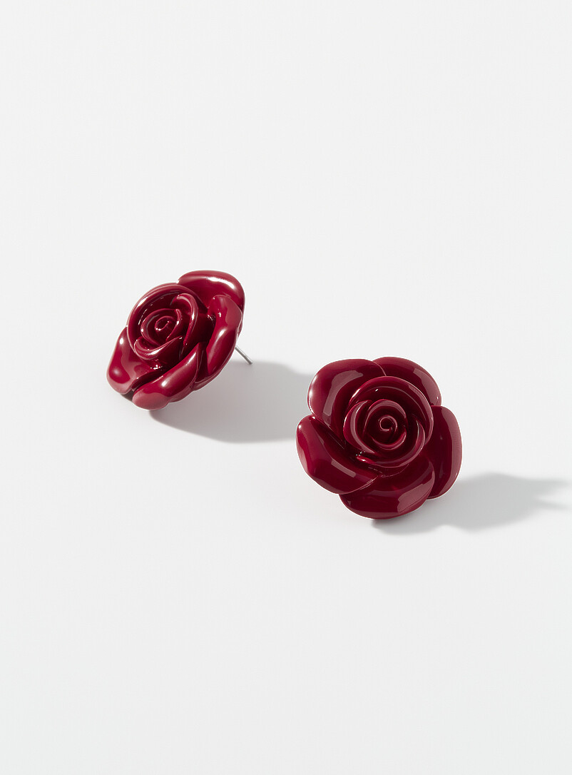 Boucles D'Oreilles Dormeuses Femme - Grande Fleur En Cuir Rouge/Marron Bronze - Fait Main France