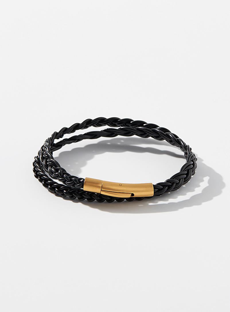 Le 31 Black Gold accent braided leather double-wrap bracelet for men