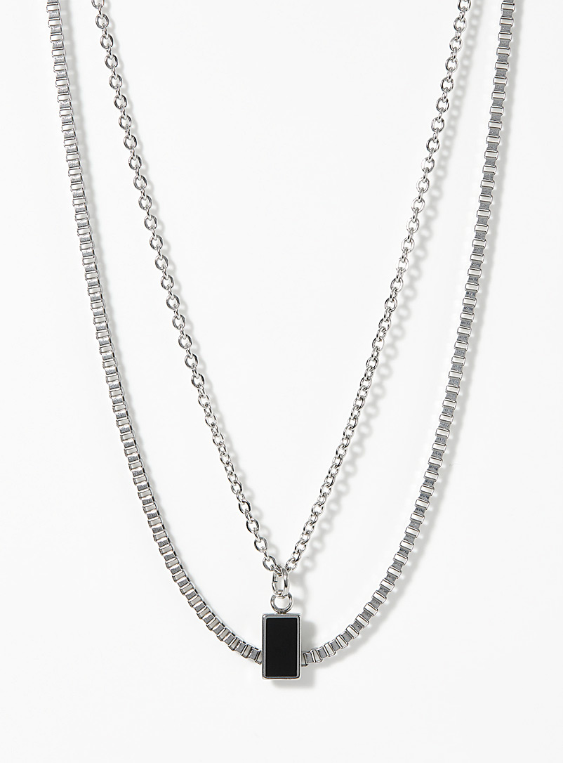 Le 31 Silver Black medallion double-chain necklace for men