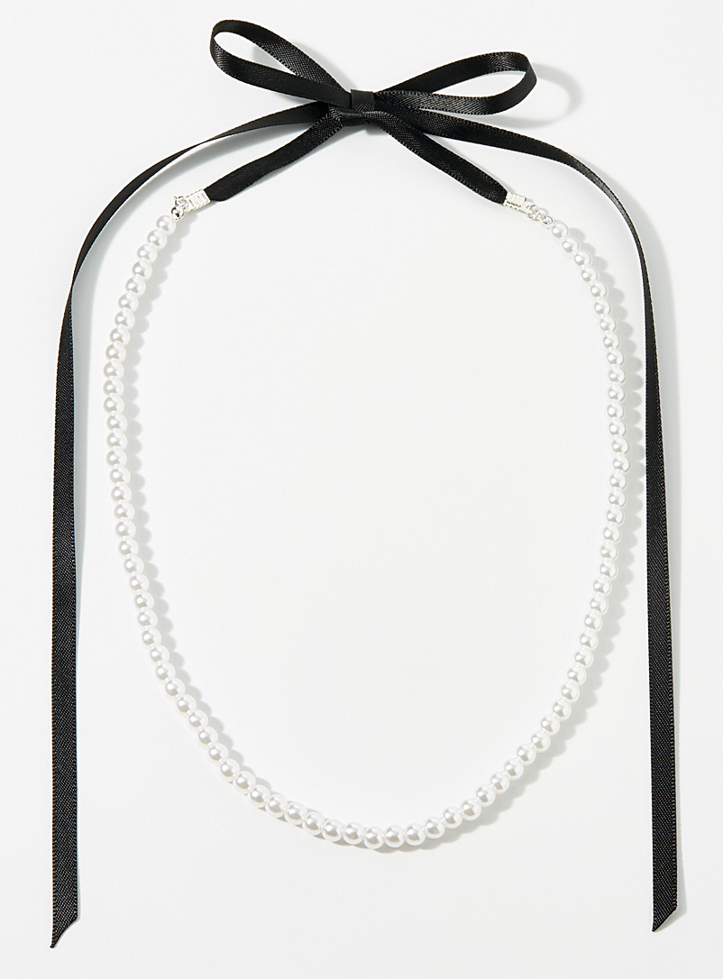 Simons White Ribbon and pearl necklace for women
