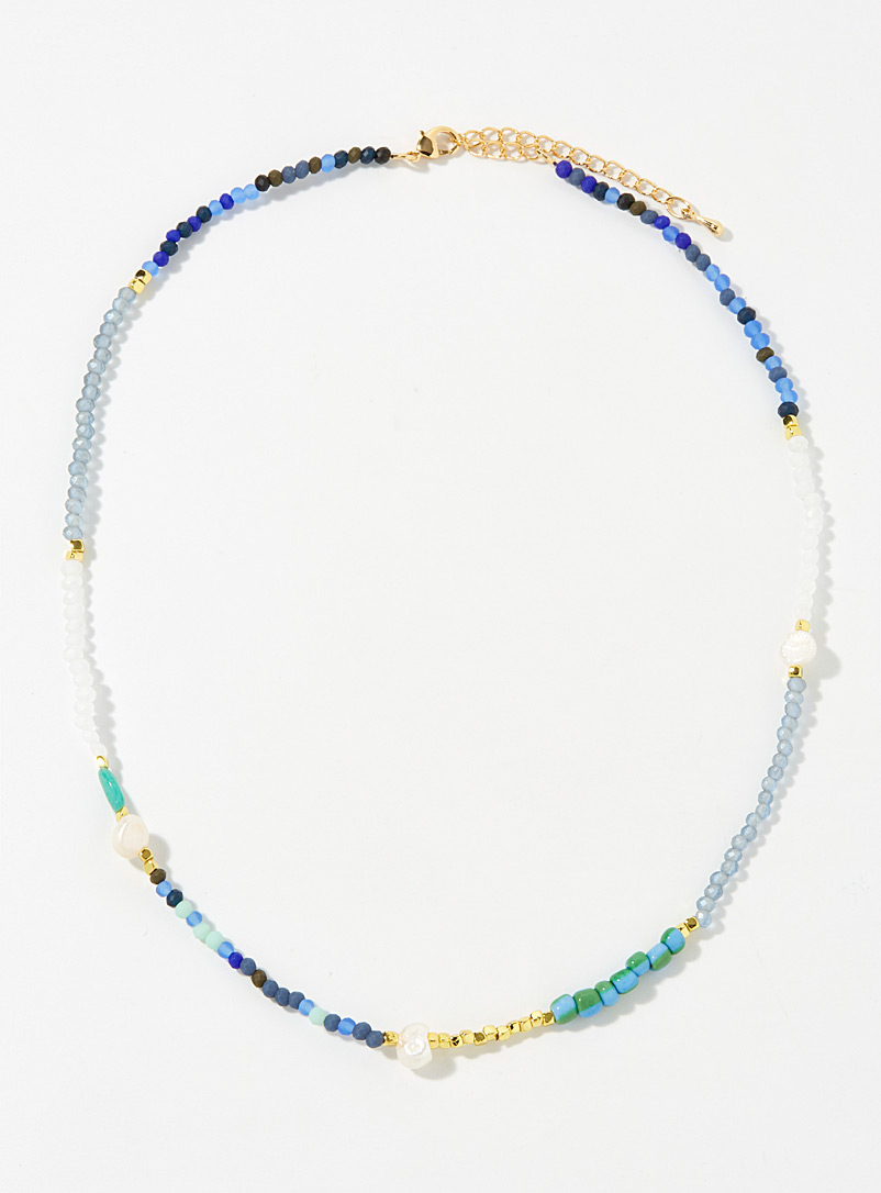 Simons: Le collier billes variées Bleu à motifs pour femme