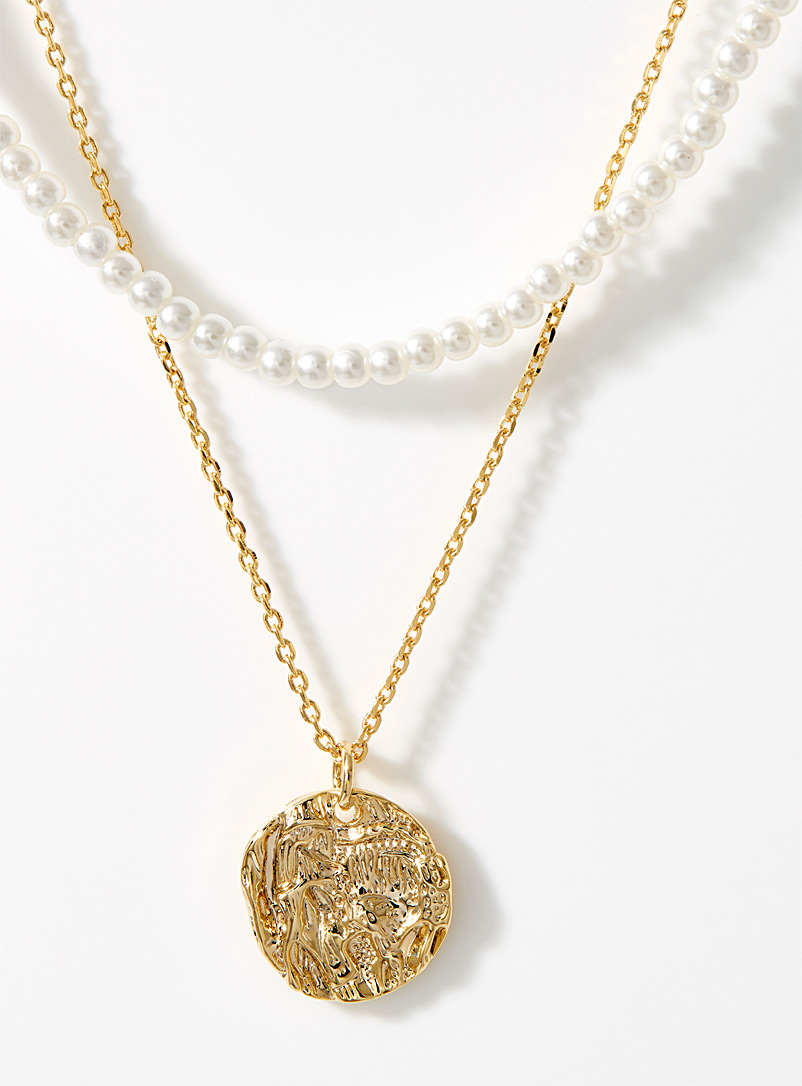 Simons: Les chaînes médaillon doré et perles nacrées Ensemble de 2 Assorti pour femme