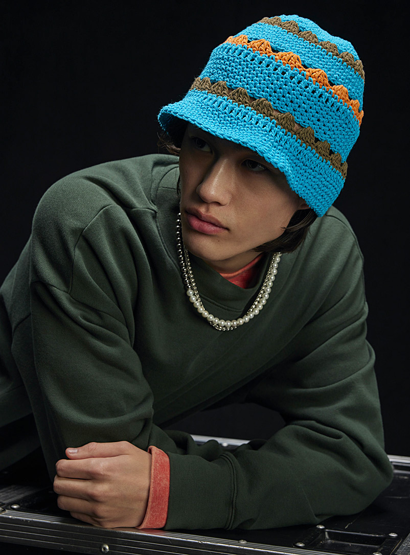 Le 31 Patterned Blue Crochet-stripe bucket hat for men