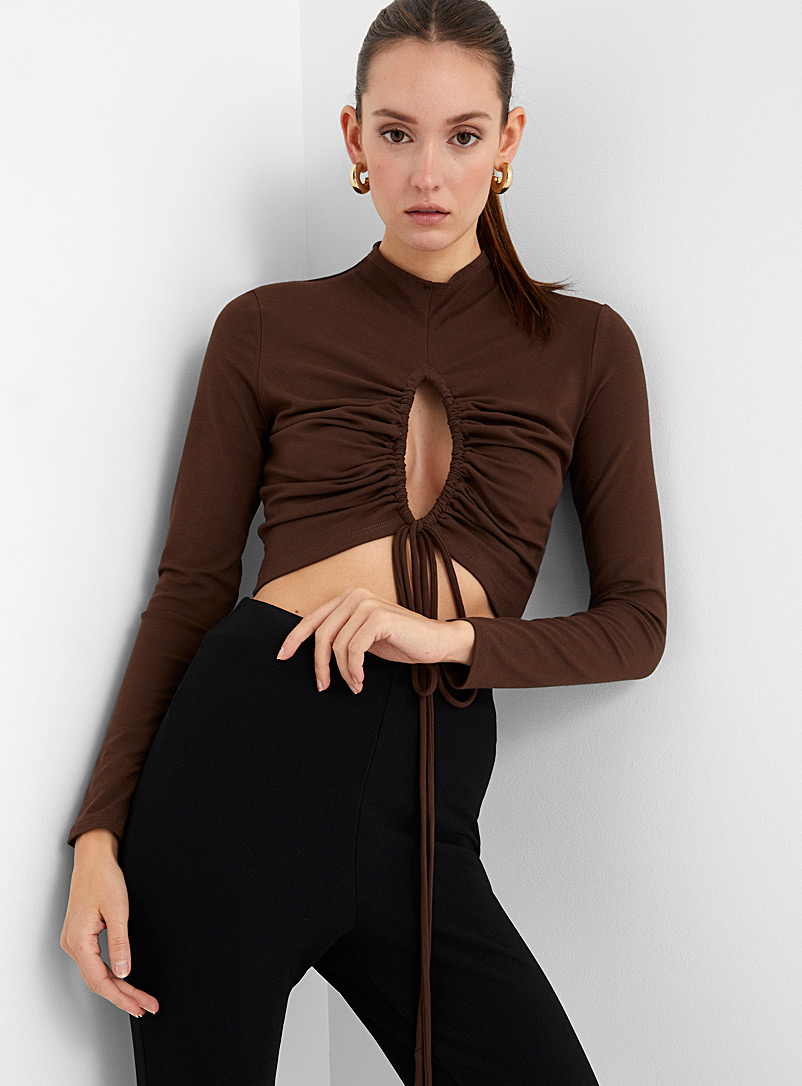 ASTR The Label Dark Brown Ruched cutout mock neck for women