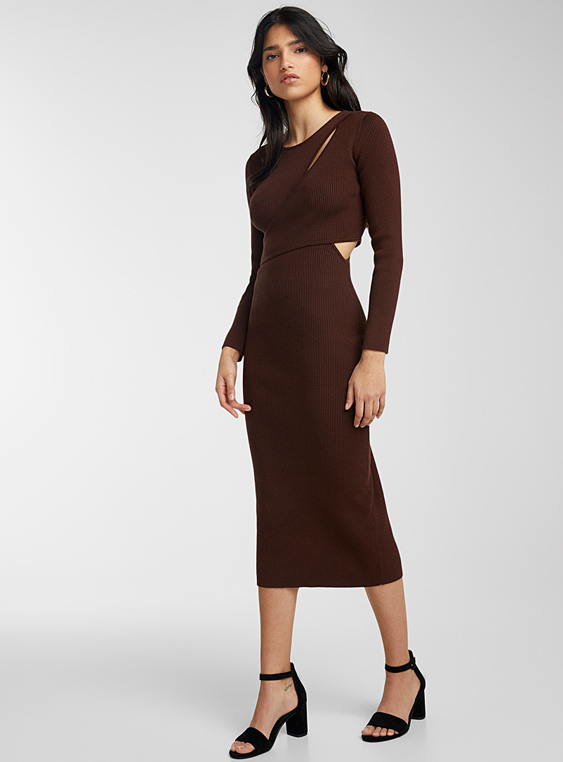 Icône Dark Brown Ribbed cutout midi dress for women