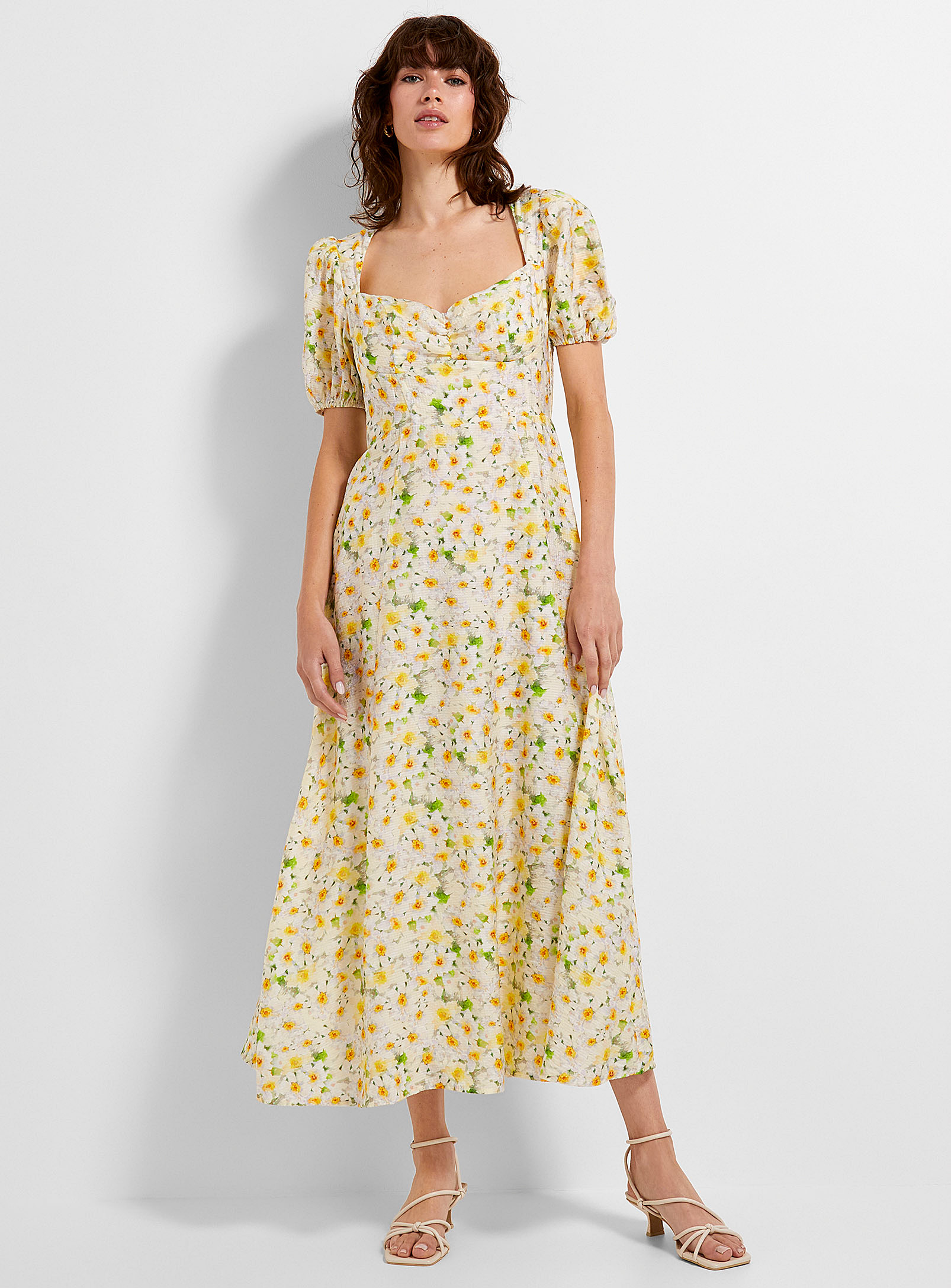 Contemporaine Floral Awakening Puff-sleeve Maxi Dress In Patterned Yellow