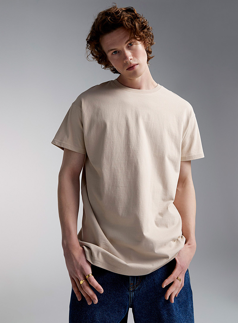 Djab Cream Beige Crew-neck straight T-shirt <b>Longline fit</b> for men