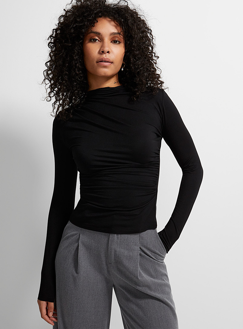 Icône: Le t-shirt froncé doux modal Noir pour femme