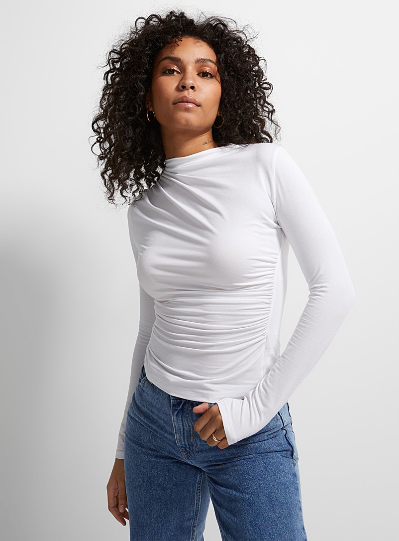 Icône: Le t-shirt froncé doux modal Blanc pour femme