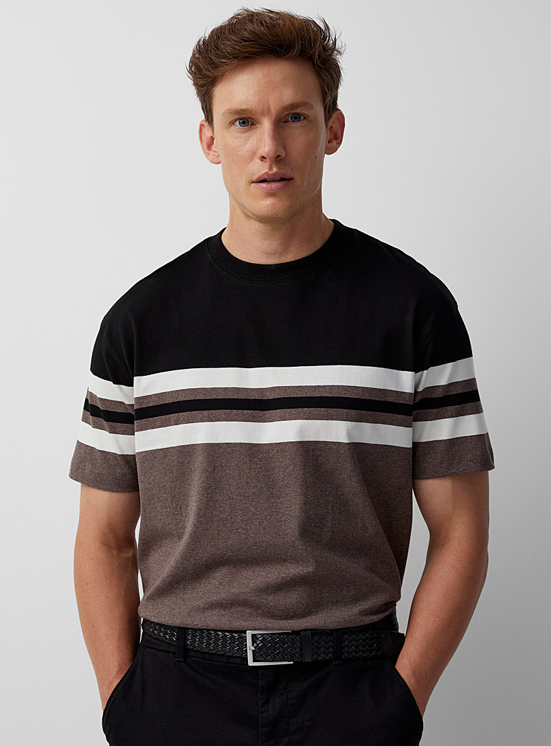 Le 31 Chocolate/Espresso Tricolour striped block T-shirt for men