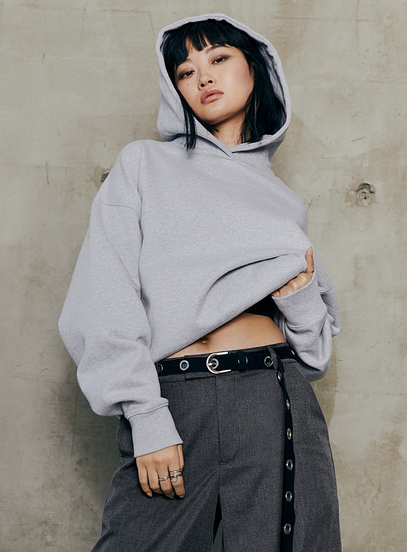 Twik Grey 480 GSM fleece hoodie for women