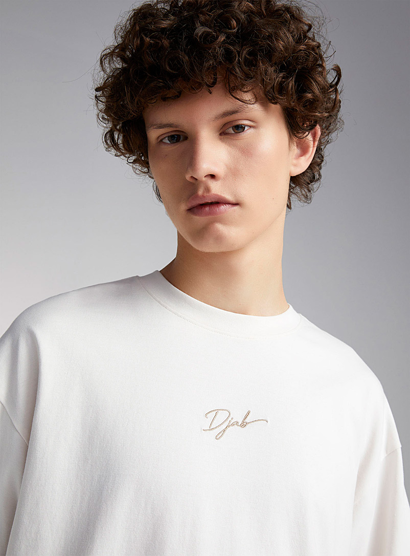 Djab Ivory/Cream Beige Embroidered logo crew-neck T-shirt Oversized fit for men