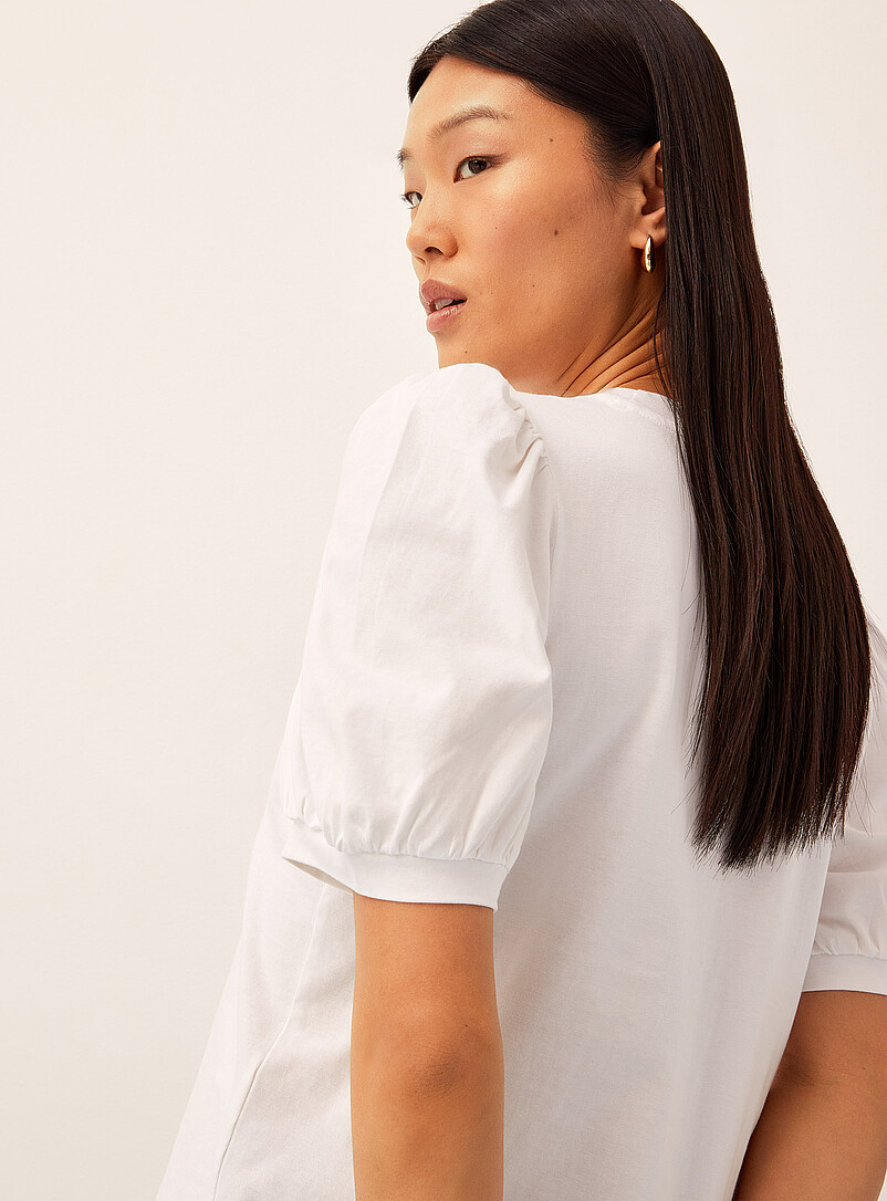 Ic&ocirc;ne: Le t-shirt manches bouffantes coton bio Bleu &agrave; motifs pour femme
