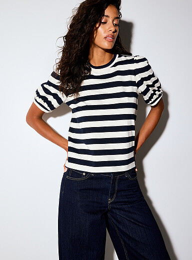 Ic&ocirc;ne Patterned blue Organic cotton puff-sleeve T-shirt for women
