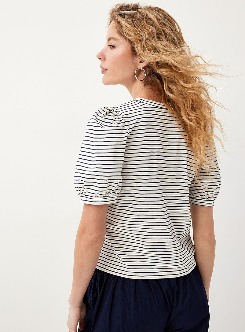 Ic&ocirc;ne: Le t-shirt manches bouffantes coton bio Bleu &agrave; motifs pour femme