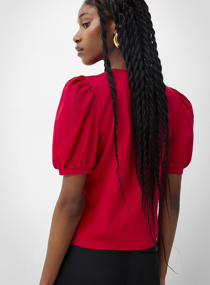 Ic&ocirc;ne: Le t-shirt manches bouffantes coton bio Bleu &agrave; motifs pour femme