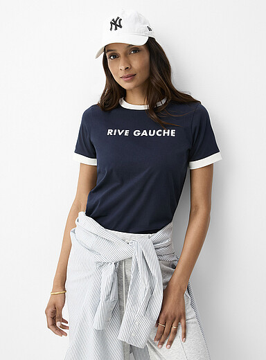 Ic&ocirc;ne Navy/Midnight Blue Printed piped T-shirt for women