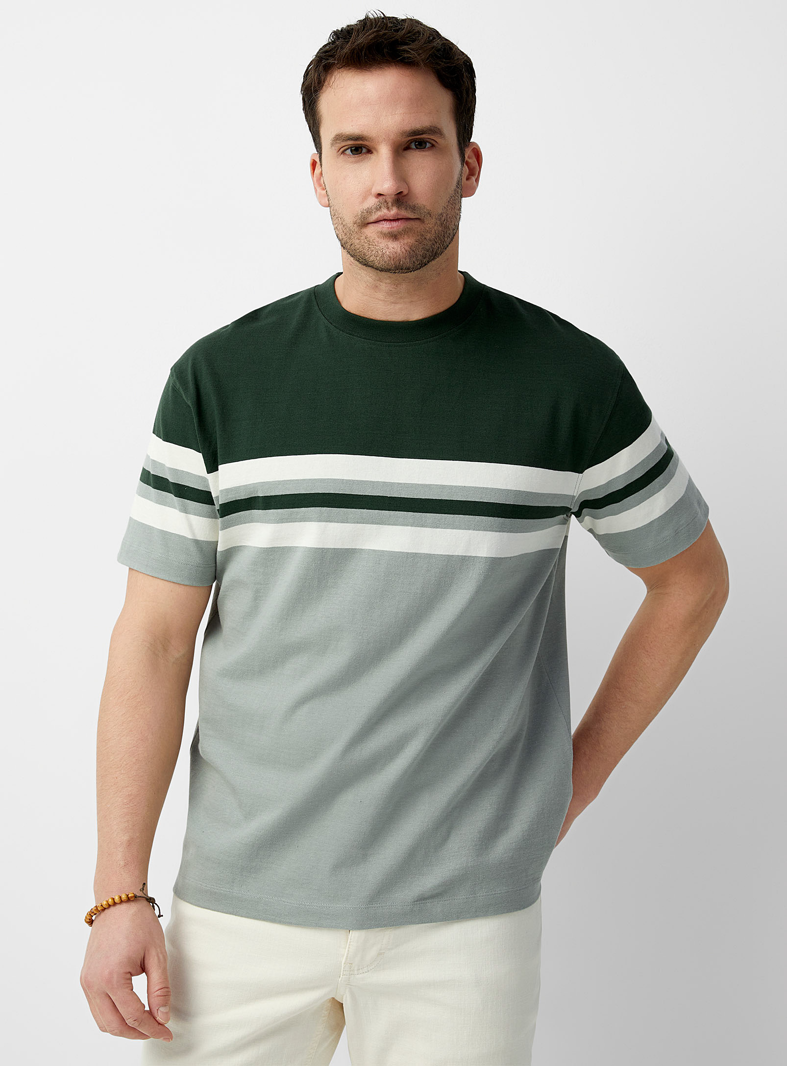 Le 31 Tricolour Striped Block T-shirt In Mossy Green