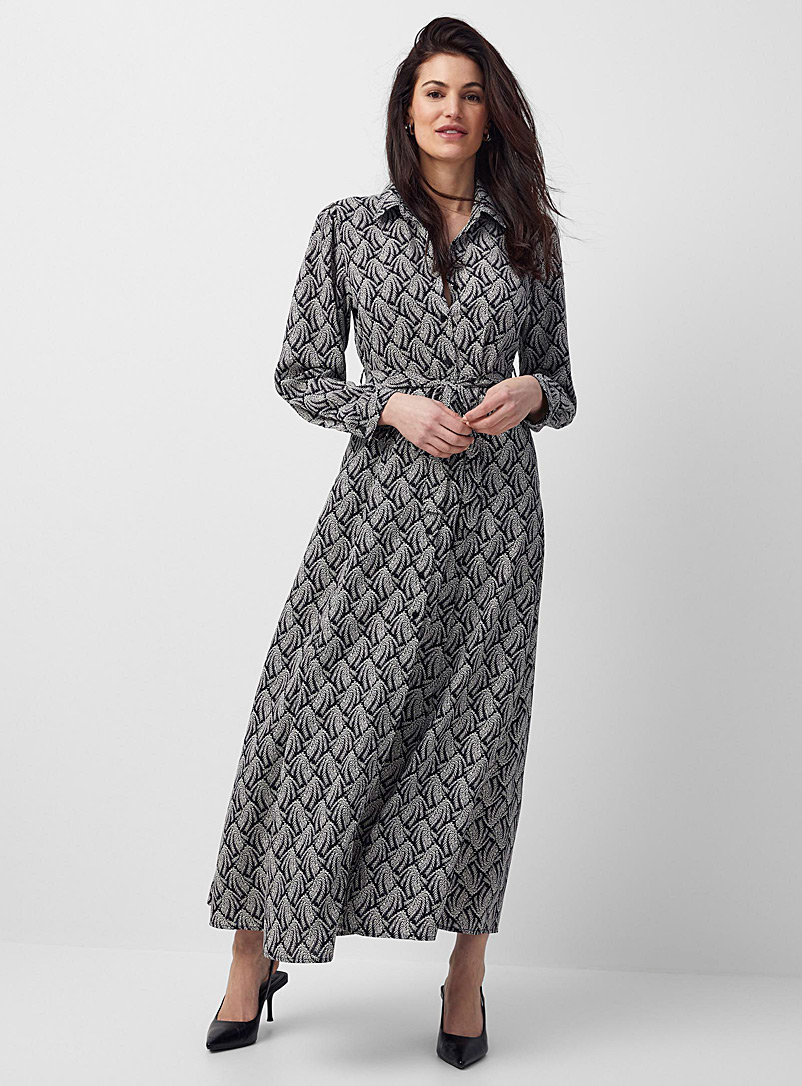 Contemporaine Patterned Black Chic foliage belted shirtdress for women