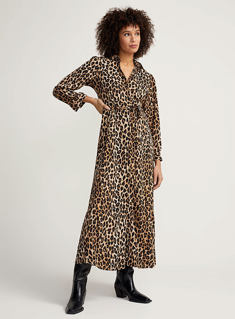 Contemporaine Patterned Brown Leopard-print flowy belted dress for women