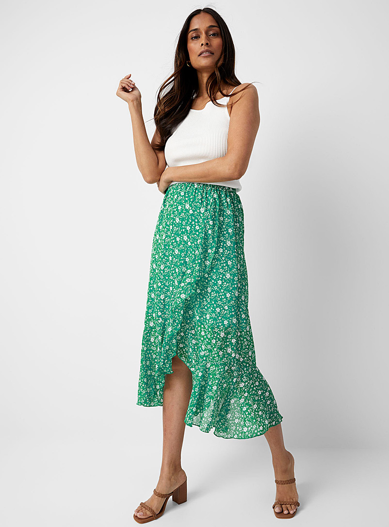 Contemporaine Patterned Green Delicate flowers asymmetrical skirt for women