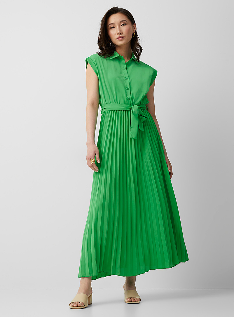 Contemporaine Green Tie-belt pleated silky dress for women