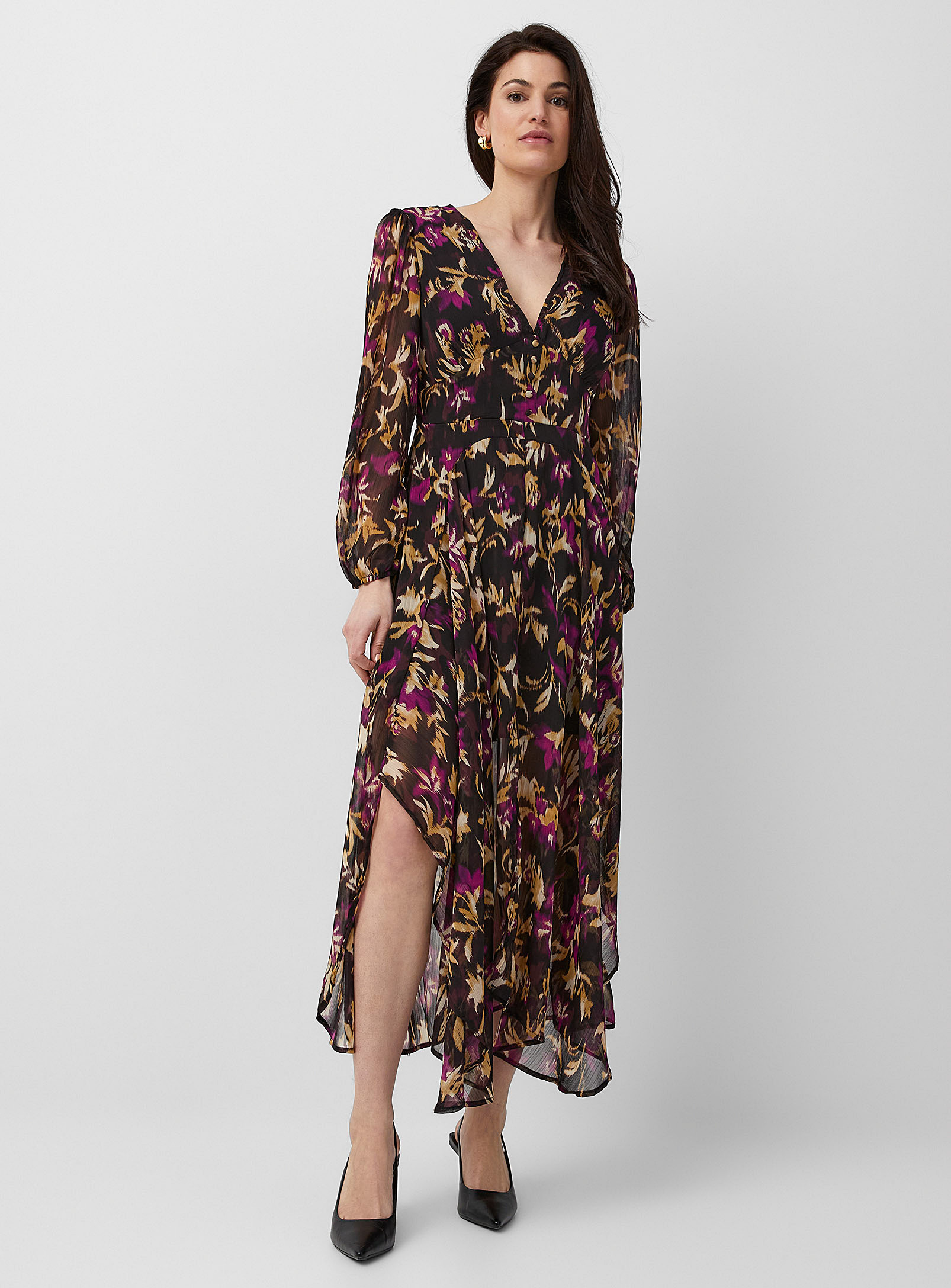 Contemporaine Floral Daydream Chiffon Dress In Patterned Black