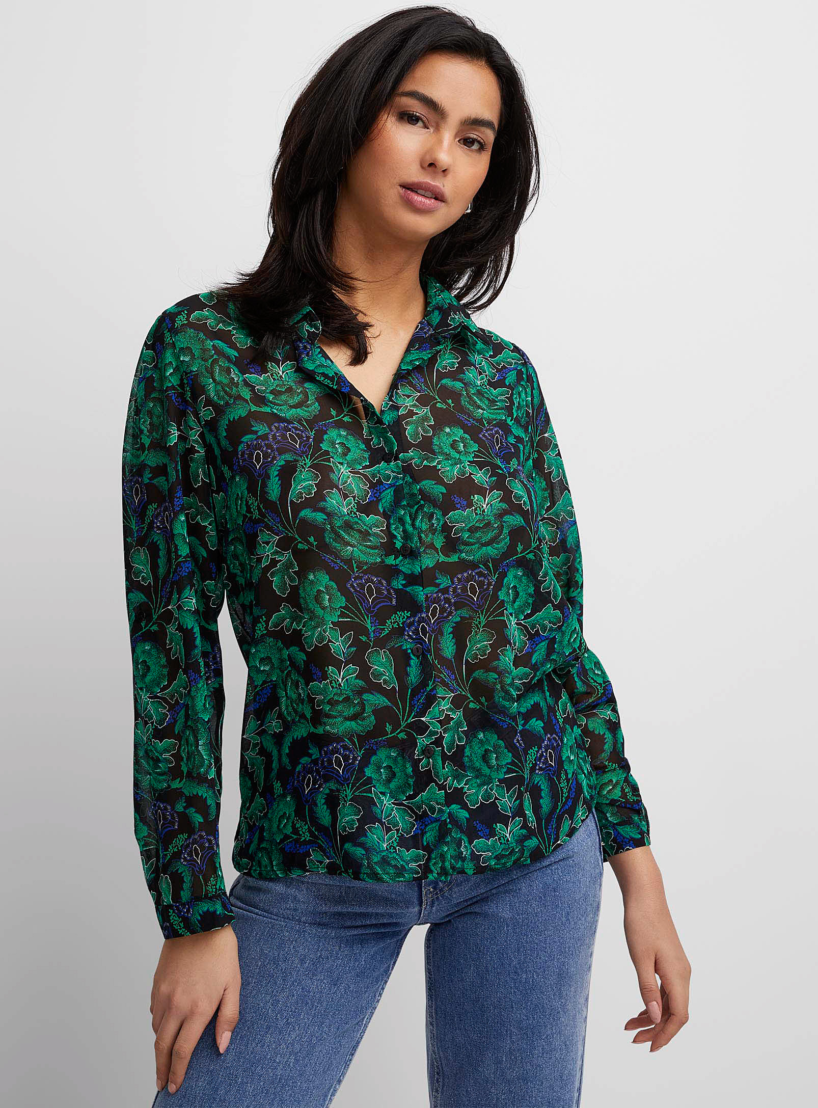 Icone Sheer Chiffon Printed Blouse In Patterned Green