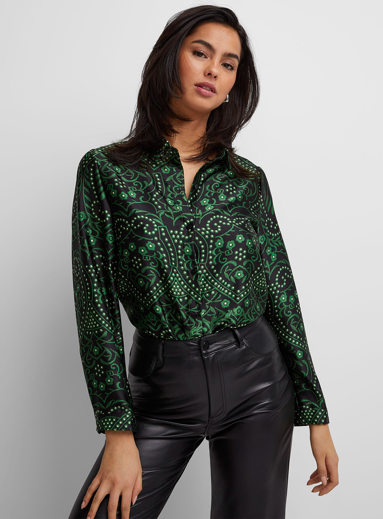 Icone Satin Printed Shirt In Patterned Green