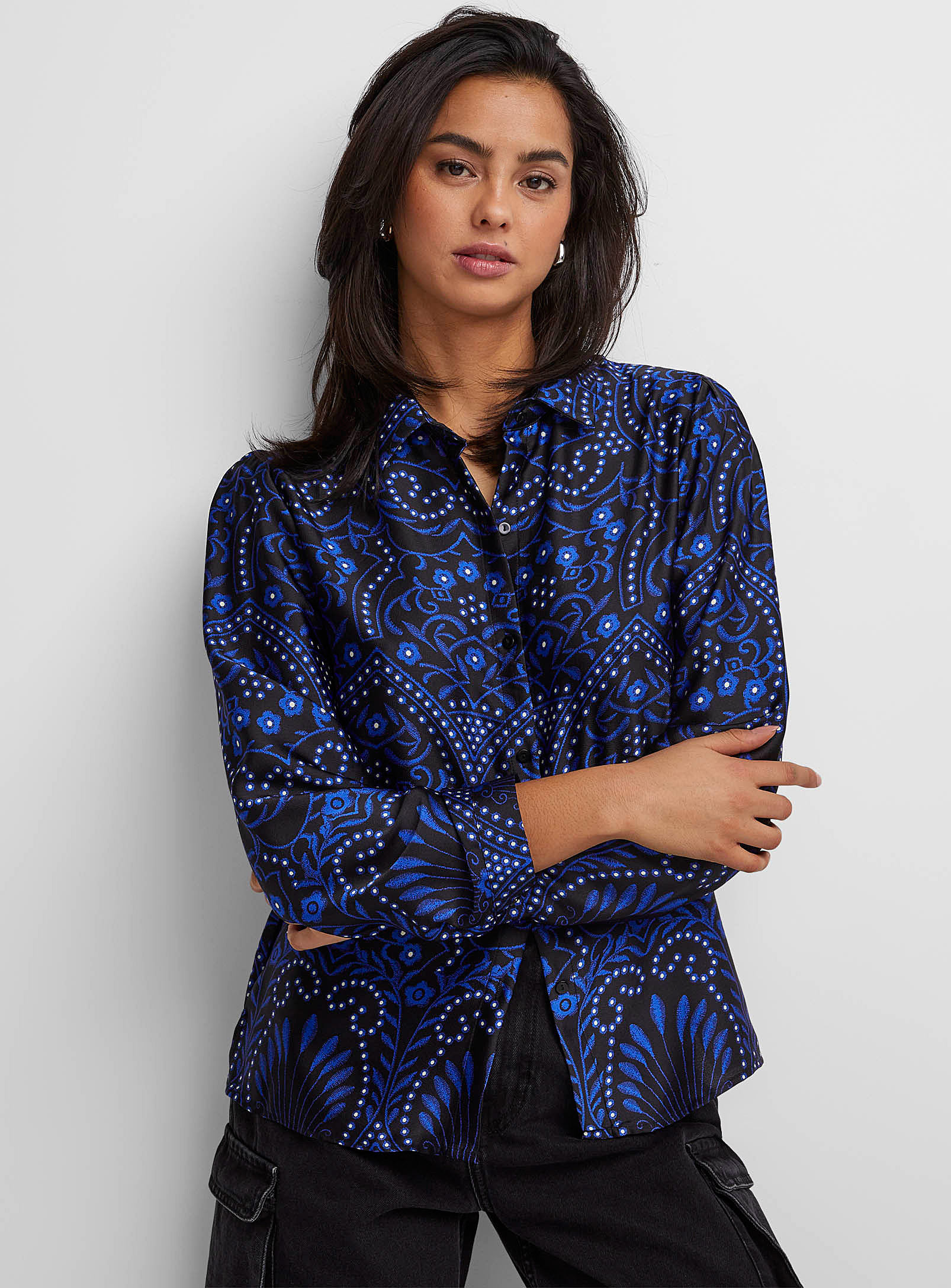 Icone Satin Printed Shirt In Patterned Blue