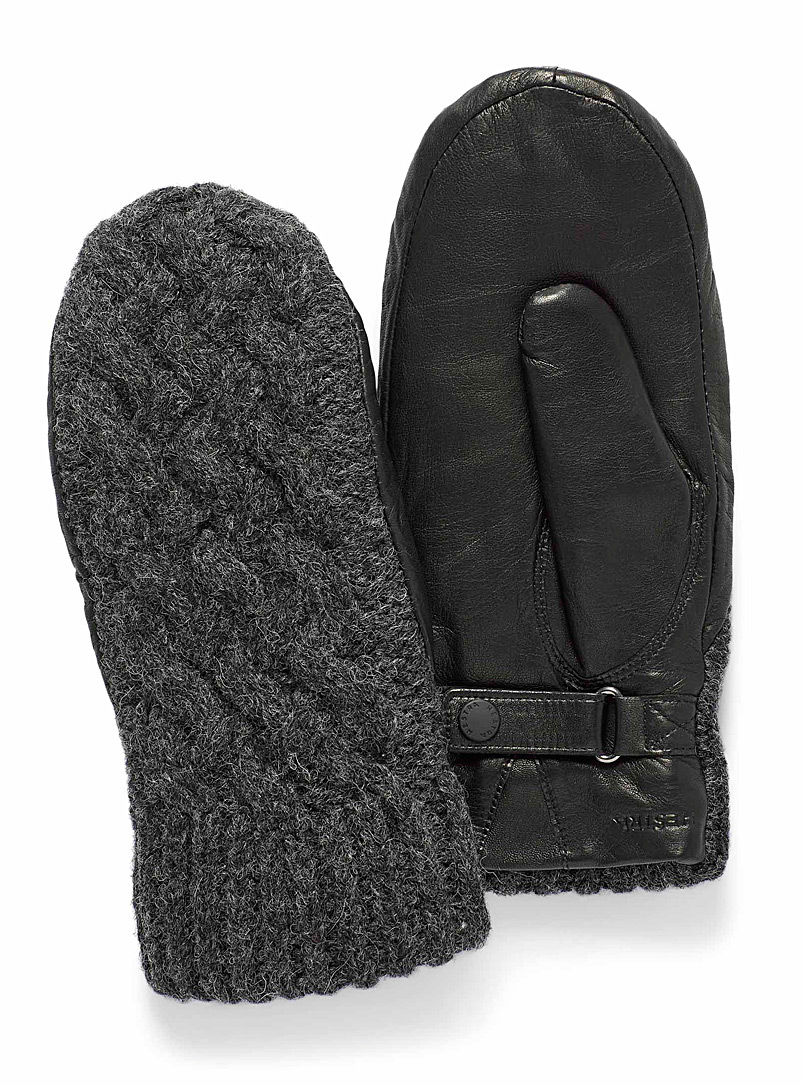 Hestra Black Mixed media leather and cable knit mittens for women