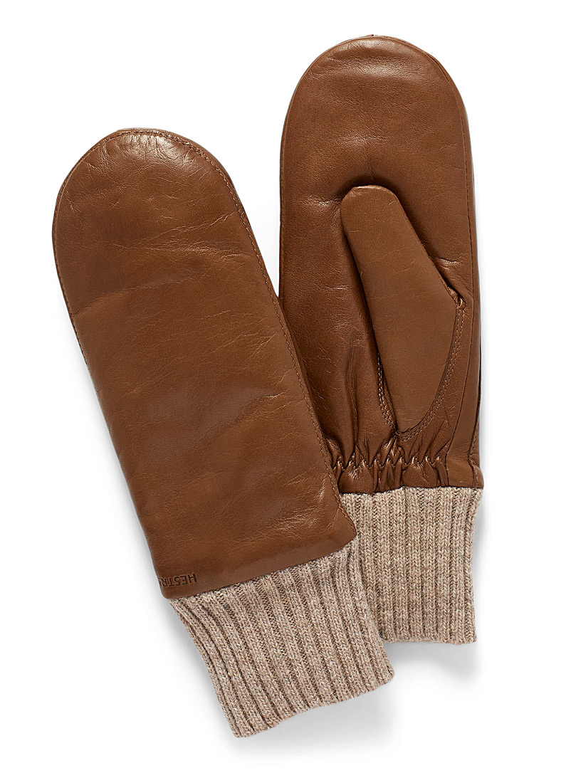 Hestra Brown Ribbed-cuff leather mittens for women