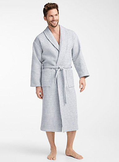 Le 31 Patterned White Two-tone waffle robe for men